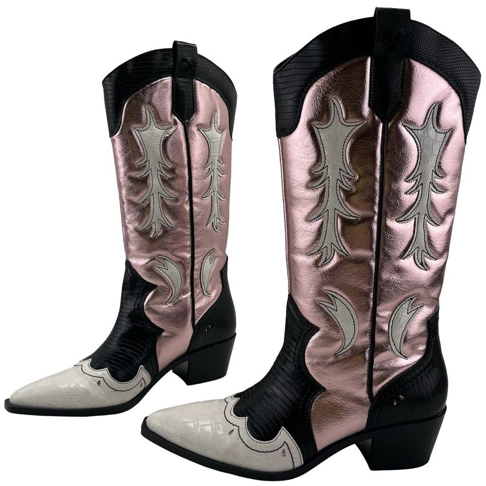 Stradivarius Metallic Pink and Black Heeled Boots